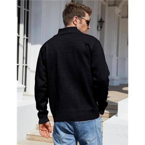 Men's Shawl Collar Cardigans Slim‎ Fit Button Cable Knit Black Sweater Pockets - Picture 2 of 6